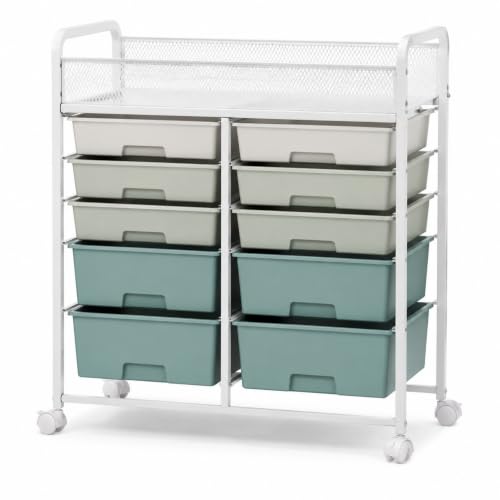 10-Drawer Rolling Cart with Wheels, Storage Organizer with Mesh Top Shelf