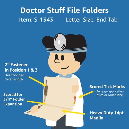 Manila File Folders, Doctor Stuff, Letter Size, End Tab Folders with 2" Bonded Fastener on Inside Front and Back, 14 pt Manila Stock, Carton of 250
