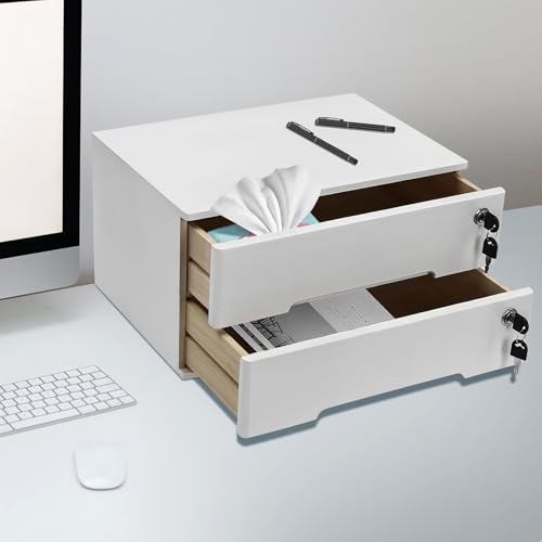 HGRROE 2-Tier Wooden Desktop Storage Box with Lockable Drawers, Office Supplies File Organizer, Flat File Cabinet for Office Study Desk Front Desk (White)