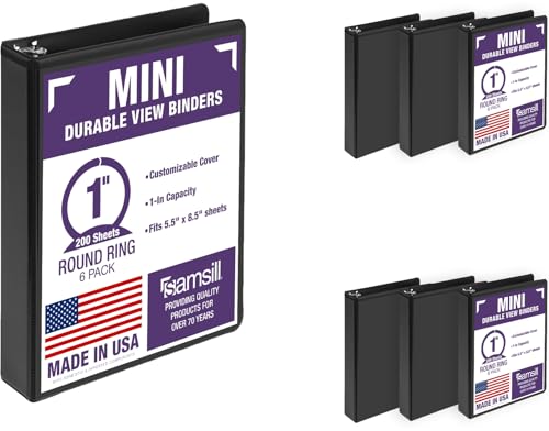 Samsill Economy 1 Inch Mini 3 Ring Binder, Round Ring Binder, Holds 5.5 x 8.5 Inch Documents, Customizable Cover, 1" View, 6-Pack, Black