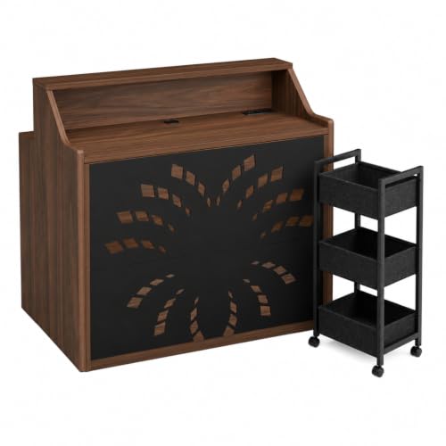 OYEFIT Reception Desk with Rolling Storage Cart, 46.5-Inch, Walnut/Black