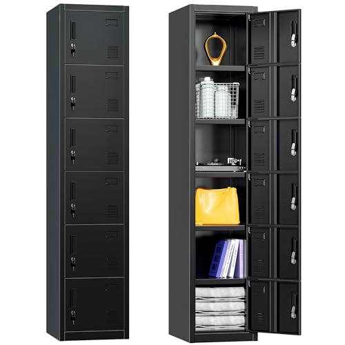 Greenvelly Metal Locker, 6-Tier Metal Lockers for Employees with Locking Doors, Lockable Steel Locker Storage for Office, School, Gym, Home (Black)