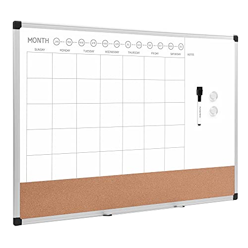 Amazon Basics 24" x 36" Monthly Whiteboard Calendar with Cork Board, Dry Erase Magnetic Whiteboard for Daily Planning, Wall Mounted, Silver Aluminum Frame