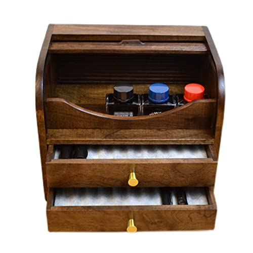 Wood Pen Box, 20 Pen Organizer Box, Luxury Fountain Pen Storage Box, with Drawer, Top Ink Bottle Storage with Rolling Door, for Shop or Home