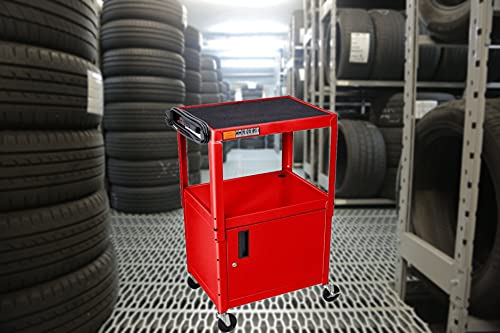 LUXOR AVJ42C-RD Steel AV Cart with Adjustable Height and Storage Cabinet, Multipurpose Utility Cart, 24" to 42" Height, 3 Outlet Electrical Assembly, Red