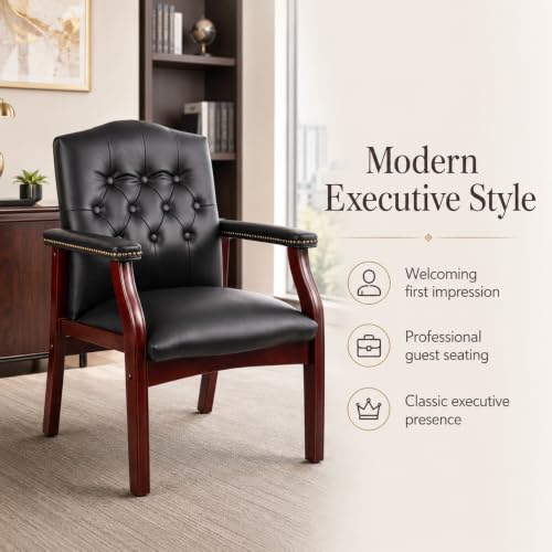 WDYLWFHW Leather Office Reception Guest Chairs, Ergonomic Office Executive Side Chair, Mid-Back Waiting Room Conference Office Guest Lobby Chairs with Padded Seat and Arms,No Wheels,1 PC(Black)