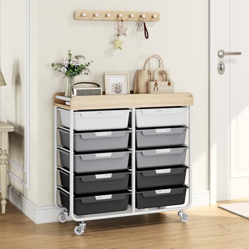 10 Drawer Rolling Storage Cart with Wood Top for Classroom Crafts Grey