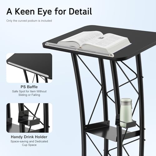 Black Curved Podium, Metal Pulpit Lectern with Baffle & Cup Holder, Truss Lectern Slanted Conference Pulpit for Speeches Opening Ceremony, W 23.6 x L 16in, H: 47in