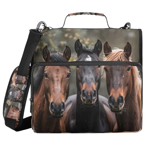 Takiito 3 Ring Zipper Binder Horses Binder Organizer Portfolio with File and Shoulder Strap & Handle Large Capacity File Folder