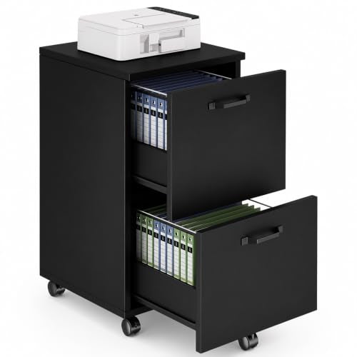 DUMOS 2 Drawer Rolling File Cabinet, Small Wood Filing Cabinet, Black