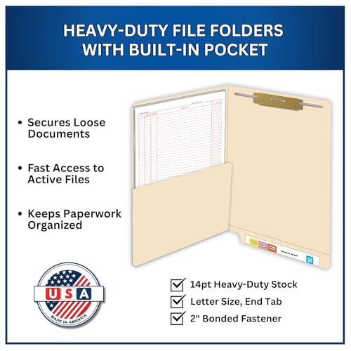 Manila Pocket File Folders, Doctor Stuff, Letter Size Reinforced End Tab Folder with 1/2 Pocket on Inside Left and 2" Bonded Fastener on Inside Top Right, 14 pt Manila Stock, Box of 50