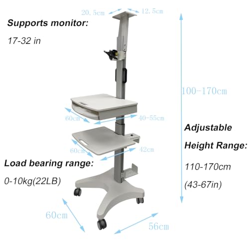 INTBUYING Rolling Mobile Workstation Computer Cart Sit Stand with Wheels and Drawers Height Angle Adjustable 22LB Load for 17‑32 in Monitor Laptop