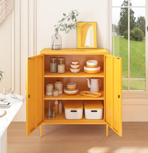 Aiasuit Yellow 2-Door Lockable Metal Storage Cabinet, Heavy Duty 3-Tier Tall Locker with Removable Shelves, Multifunctional Accent Cabinet for Home, Office, Entryway & Hallway, Easy Assembly