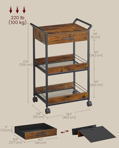 VASAGLE Storage Cart, 3-Tier Rolling Utility Cart with Table Top