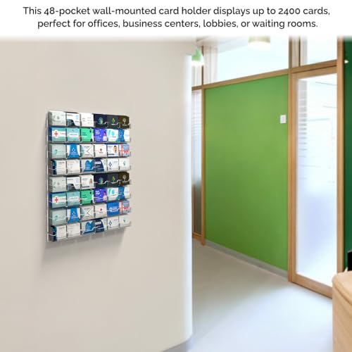 Marketing Holders Wall Business Card Holder with Hanging Hardware for 3.5" x 2" Gift or Appointment Cards Schools Bookstores Travel Centers Laundromats 48 Pockets Clear Acrylic One Piece Modern