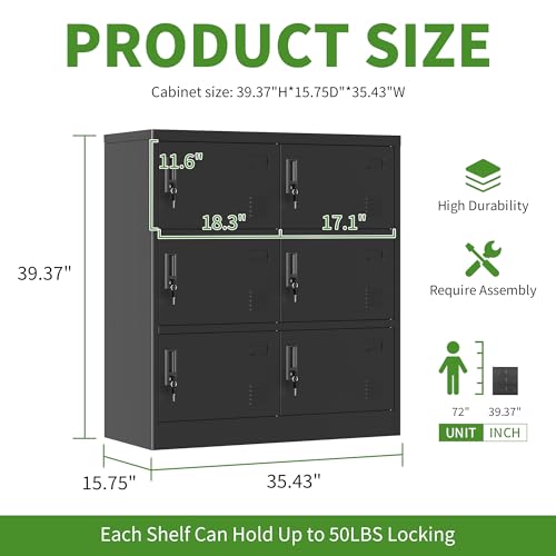 Yukimo 6 Doors Metal Lockers for Employees, Steel Storage Locker with Lock and Card Slot, Employee Lockers for Home, Office, School, Gym, Require Assembly(Black)