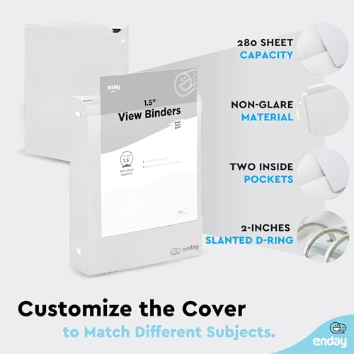 1.5 Inch Binders 3 Ring, White 1 ½ Inch Round Ring Binder with Clear View Cover & 2 Inside Pockets, School Supplies Binders (24 PC) – by Enday