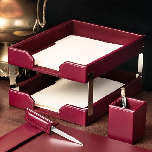 Dacasso Burgundy Bonded Leather Front-Load Double Letter Tray Set w/Silver Stacking Posts - Luxury Executive Décor and Office Essential - Desk Surface Protector