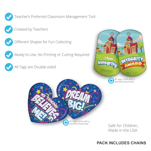 Brag Tag Value Pack to Encourage & Support Positive Classroom Student Behavior: 250 Tags (25 Tags for Each Shape) + 75 USA-Made 24" Hypoallergenic Aluminum Safety Chains