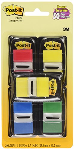Post-it Flags, 1" x 1.7", 250 Flags with 5 Dispensers, Red, Blue, Green, Yellow