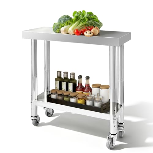 Srehloe Stainless Steel Work Table with 4 Wheels 30 x 12 x 34 Inch Adjustable Metal Commercial Prep Workstation 2-Tier Heavy Duty Mobile Work Station Suitable for Kitchen Restaurant Hotel Garage
