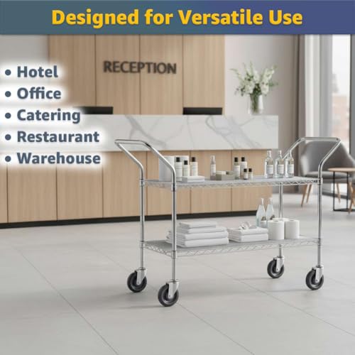 18" x 52" x 36" Commercial Chrome Wire Utility Cart - 2-Shelf NSF Heavy-Duty Rolling Serving Cart with Handles for Restaurant, Hotel, Catering, Healthcare