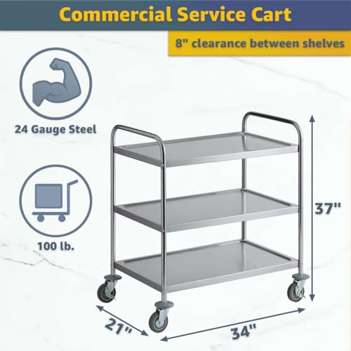Commercial Stainless Steel 3 Shelf Utility Cart 34" x 21" x 37" - 24 Gauge Rolling Serving and Transport Cart with Dual Handles and Swivel Casters for Restaurant, Hotel, Catering, Cafeteria