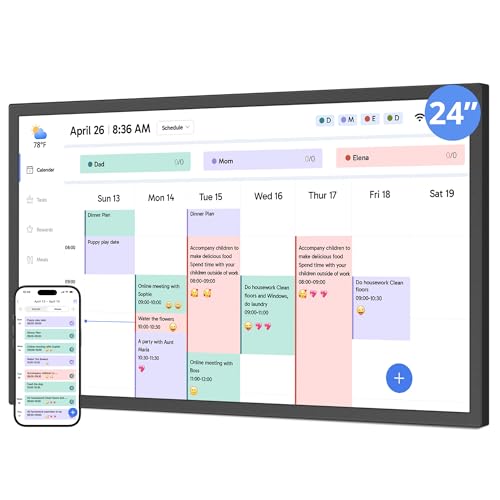 Digital Calendar 24 Inch Touch Screen, Electronic Wall Calendar Chore Chart for Family Monthly/Weekly Planner, Interactive Display Smart Calendar for Home Organization, Desk Mount Included - Black