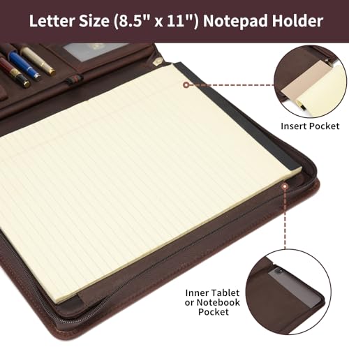 YIWEN Handmade Leather Zippered Business Portfolio with Front Pocket