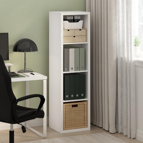 Furinno Cubicle Book Shelf, Vertical 4-Cube Bookshelf, Extra Thick Frame Horizontally & Vertically Reversible Bookcase with Open Back, 14.6" x 16" x 58", for Living Room, Bedroom, Home Office, White