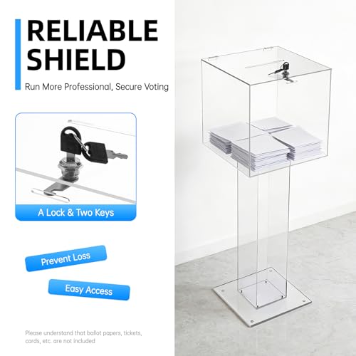 Floor Standing Acrylic Ballot Box, Lockable Storage Containe with Stand, 12 X 12 Inch Clear Suggestion Box with Lock & Two Keys for Election Voting Contest