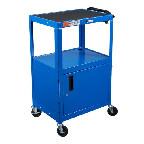 Luxor Steel AV Cart with Adjustable Height and Storage Cabinet, 610 Mm to 1067 Mm Height, 3 Outlet Electrical Assembly, Blue, 1 Count