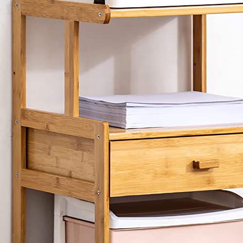 FALUSHAN Wood File Cabinet, Mobile Lateral Filing Cabinet on Wheels Printer Stand with Open Storage Shelves for Home Office (Two Layers with Drawers)
