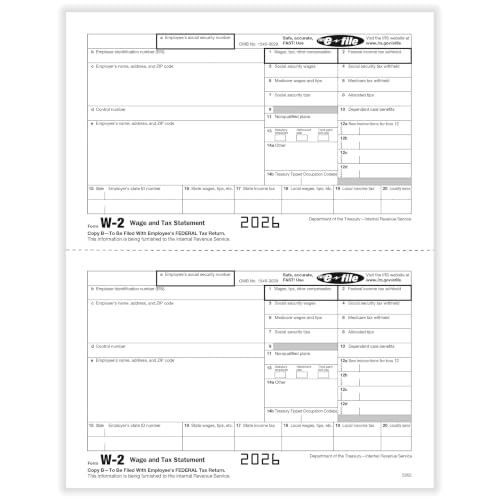 ComplyRight W-2 Tax Form Set 4-Part 2-Up with Copy A, B, C, & D, Self-Sealing Envelopes, Set for 25 Employees, Tax Preparer Supplies