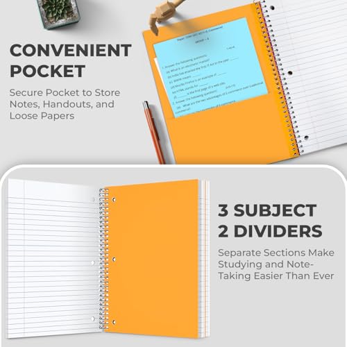 Rosmonde 3 Subject Notebook, 6 Pack, Spiral Notebook Wide Ruled, 150 Sheets