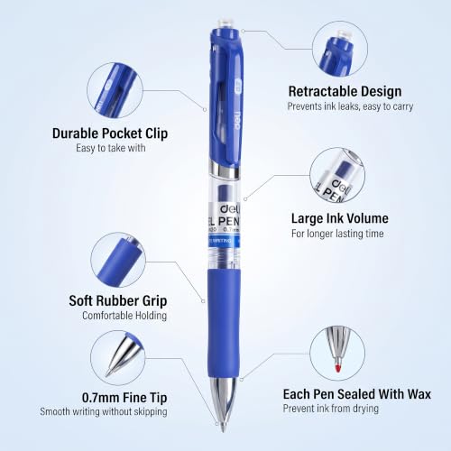 deli Gel Pens, 100 Pcs Pens Blue Ink, Retractable Medium Point Pen 0.7mm