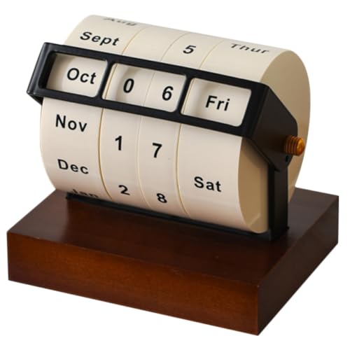 Wooden Rotary Perpetual Calendar with Metal Accents for Desk