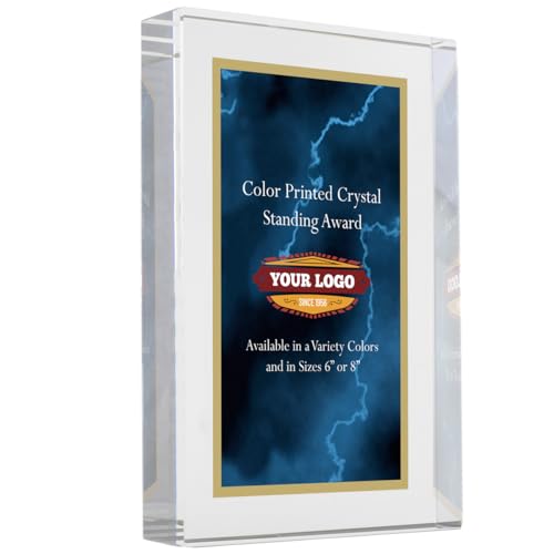 Color Printed Crystal Standing Award with Custom Text and Logo, Acrylic Plaque, Blue Red Black Green Marble Design, 6x8 or 4x6 Inch (Blue, 6 x 4")