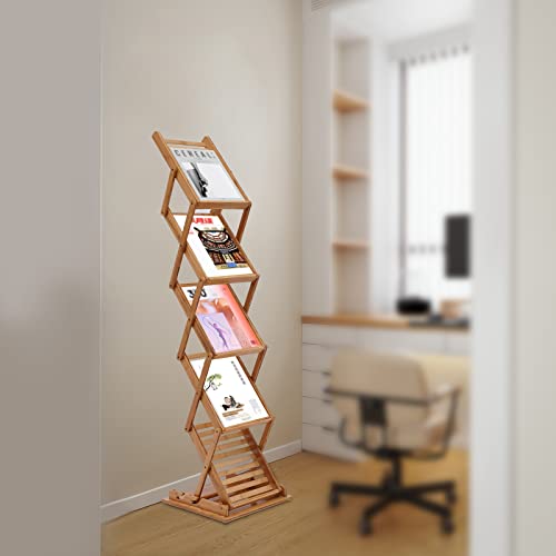 SHIPUNAYE Bamboo Magazine Rack, Foldable 5 Layer Brochure Display Stand, Storage Organizer Literature Rack, Lightweight Pop-Up Holder Display Stand for Library, Tourist Attraction, Showroom, Office