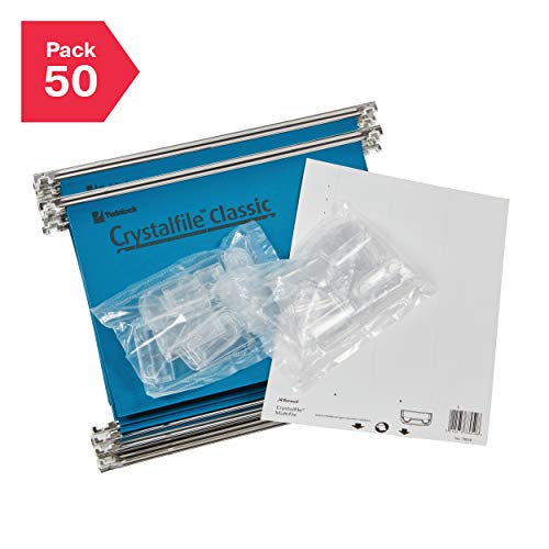 Rexel A4 Suspension Files with Tabs and Inserts for Filing Cabinets, 15 mm V Base, 100 Percent Recycled Manilla, Blue, Crystalfile Classic, Pack of 50, 78160