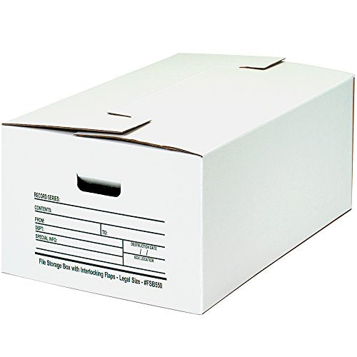 Aviditi File Storage Boxes 24" x 15" x 10" With Interlocking Flap Lid, Preprinted Panel For Content Identification, Tape Free Assembly and Easy To Carry Handles, For Legal Size Files, Pack of 12