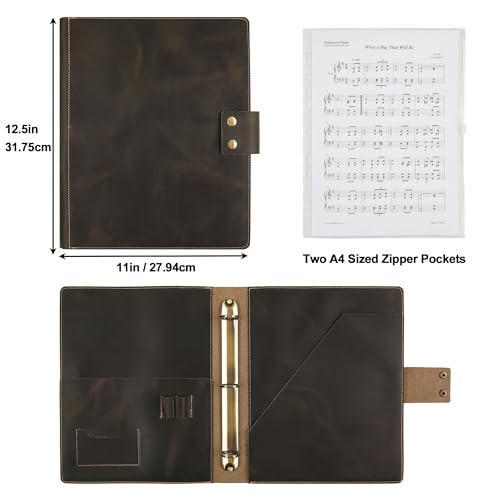 Handmade Leather Music Folder, Sheet Music Binder Personalized Music Holder, Leather Binder 3-Ring for 8.5x11 Music Sheet with Clear Sheet Protectors, Grey