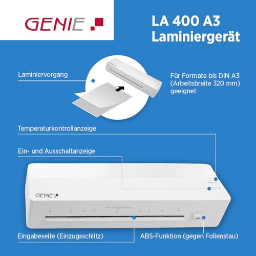 GENIE LA 400 A3 Laminator Warm Laminator with 2 Heating Rolls for School, Office and Home Office incl. 5 Laminating Films, A3 and A4 Laminator with Foil