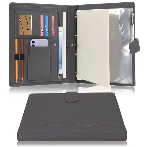 Wonderpool A4 PU Leather 3 & 4 Ring Holder Writing Portfolio Multi Document Case with Removable Binder Clipboard and Functional Pocket for Organizer Office Travel School (Grey)
