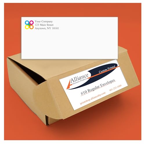 250 Printed Regular Envelopes #10, White, Gummed Enclosure or Optional Self Seal Security Tint, Text and Logo Customization, Size 4-1/8 x 9-1/2 Inches, 24 LB