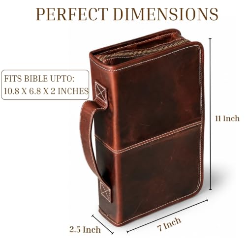 Vintage Crafts Bible Cover Book Cover Planner Cover with Handle and Back Pocket (Medium, Dark Brown Leather, Zipper Closure)