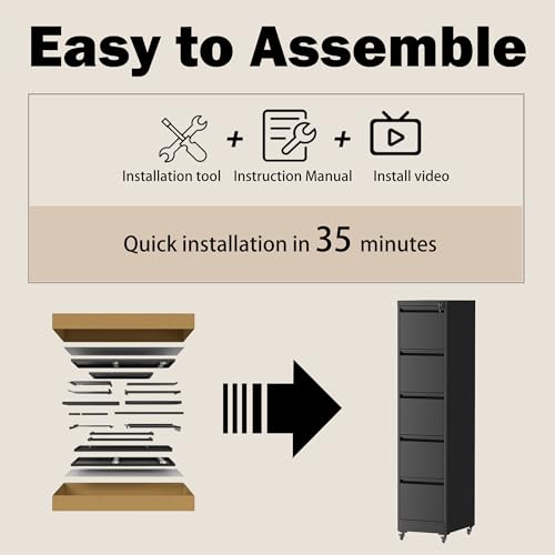 FOSTOKO File Cabinet with Wheels, 5 Drawer Metal File Cabinet, Black