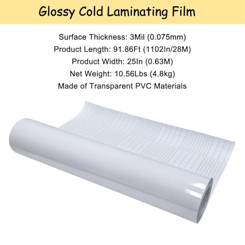 EQCOTWEA Glossy Cold Laminating Film Roll, 25 inch x 91.86 ft, 3Mil (0.075mm) Thickness Glossy Self-Adhesive Plastic Paper Laminator Sheets for Posters, Signs, Documents, for Indoor & Outdoor Use