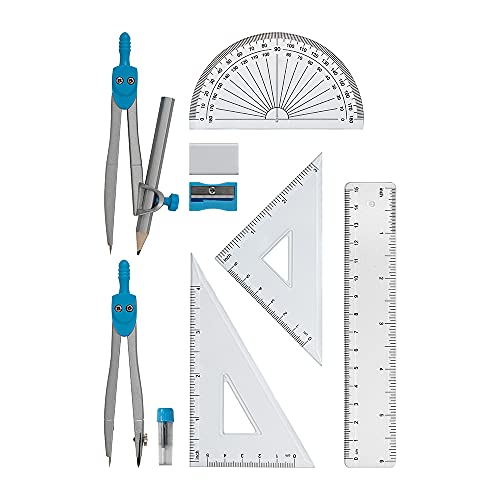Linex Blue Geometry Set, Maths GCSE, Secondary School Set, 10 Pieces, Compasses, Protractor