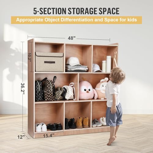 Loumernhant 2-Section School Coat Locker,Glazed Finished 6 School Cubbies for Classrooms, Daycare Cubbies with 1 casters, 4 Hooks and 2 Storage Boxes, for Home, School, Kindergarten. (2＋6 Cubbies)